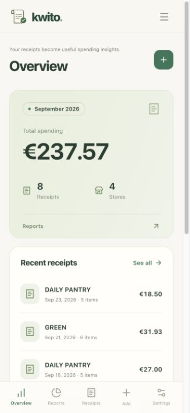 Kwito spending overview with monthly totals and recent receipts