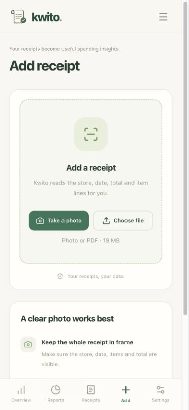 Kwito receipt upload screen